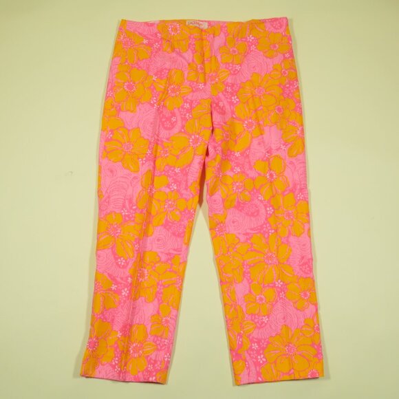 Lilly Pulitzer Resort Fit Capri Pants Womens 12 Pink Orange Floral Elephant New - Picture 2 of 8